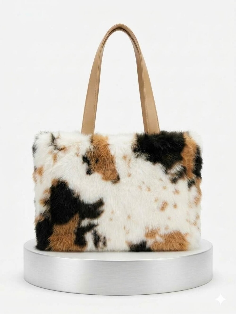 Faux Fur Patchwork Tote Bag in White, Black & Tan NWOT